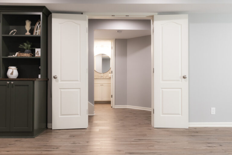 Wide shot of an upscale basement finish in Overland Park