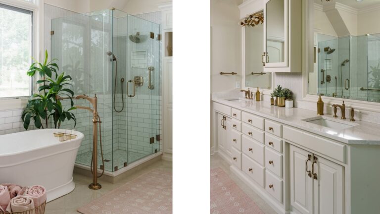 before and after a primary bathroom remodel in Olathe, showcasing a soaking tub, tiled shower, and double vanity
