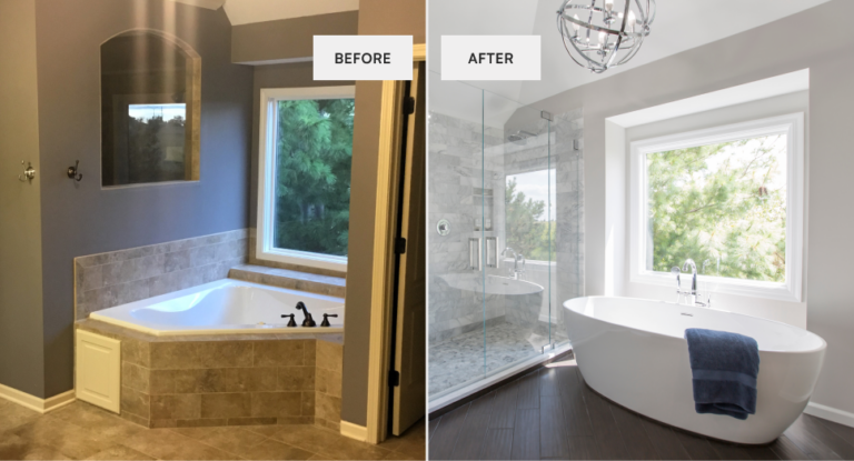 Photos showing before and after a primary bathroom remodel in Leawood