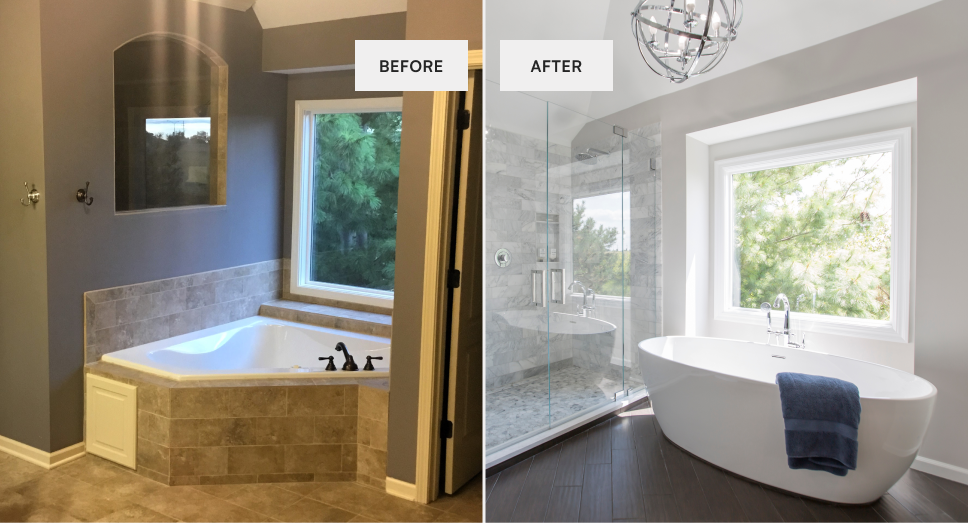 Photos showing before and after a primary bathroom remodel in Leawood