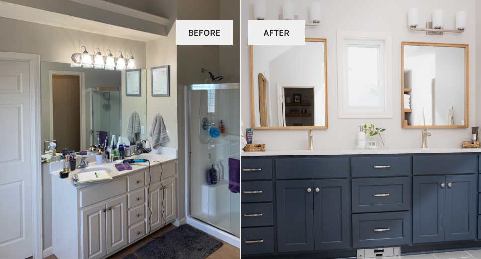 A side-by-side comparing before and after photos from a secondary bathroom renovation in Leawood