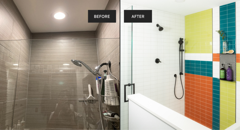 Photos comparing a bathroom before and after a renovation completed by a Shack Built general contractor in Overland Park