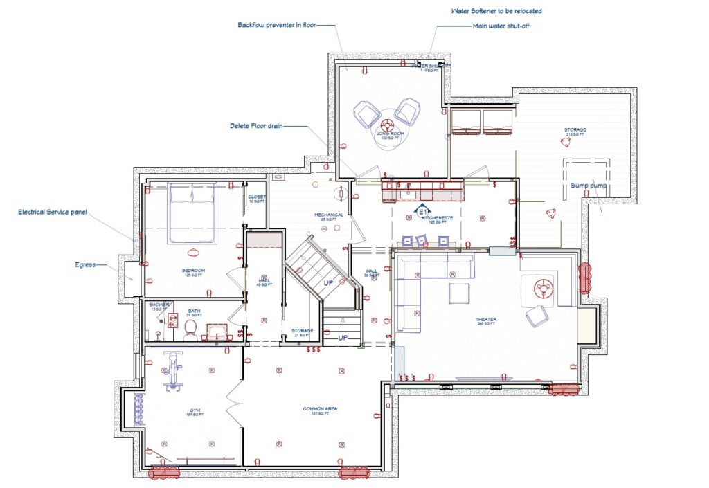 complete blueprint plans for a homeowner's basement remodeling in Leawood, complete with a bedroom, bathroom, gym, theatre, kitchenette, and common area