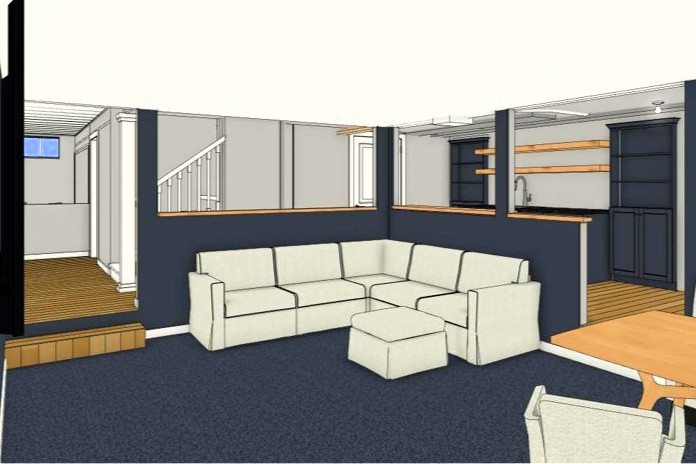 a design rendering for a living area for basement remodeling in Leawood