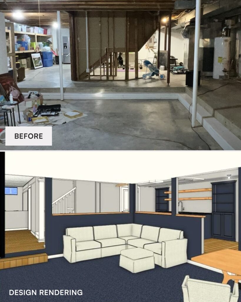 a before photo of an unfinished basement above a design rendering for the new living space as a part of a client's basement remodeling in Leawood